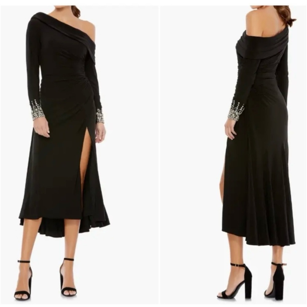 Mac Duggal NWT Black 1-Shoulder LS Rhinestone Sleeved on cuffs size 8 26…